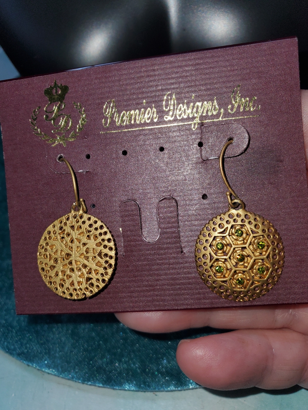 Premier Designs Gold-Tone Green Accent Filigree Drop Earrings